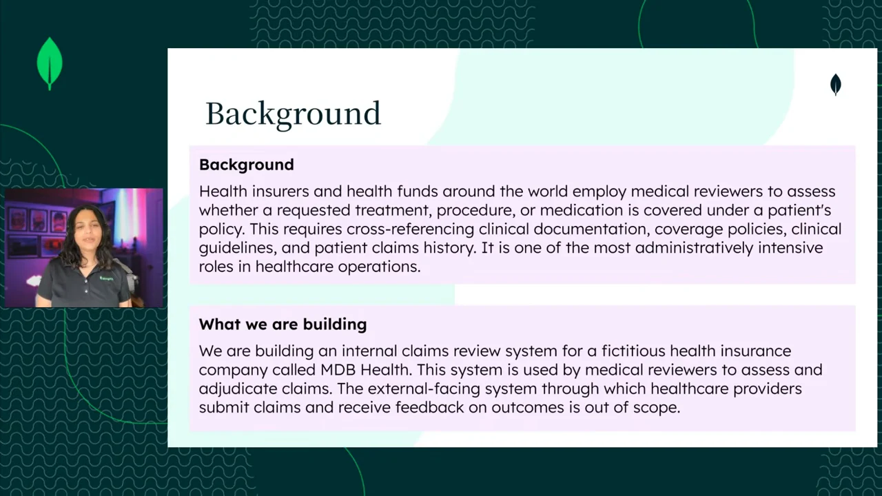 Background slide with two text panels explaining medical claims review and an internal system for fictitious insurer MDB Health, with external claim submission out of scope.