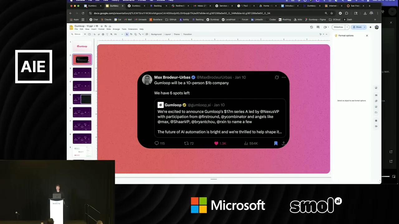 A tweet by Max Brodeur-Urbas says “Gumloop will be a 10-person $1b company” above an embedded Gumloop funding announcement, on a pink gradient slide.