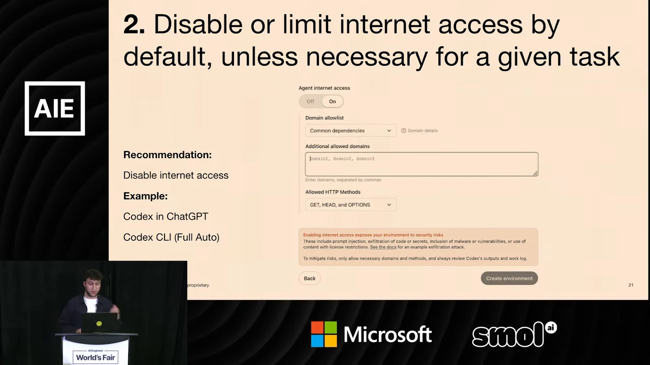 Slide recommends disabling internet access and shows configuration controls for agent internet access, a domain allowlist, additional domains, allowed HTTP methods, and a security warning.