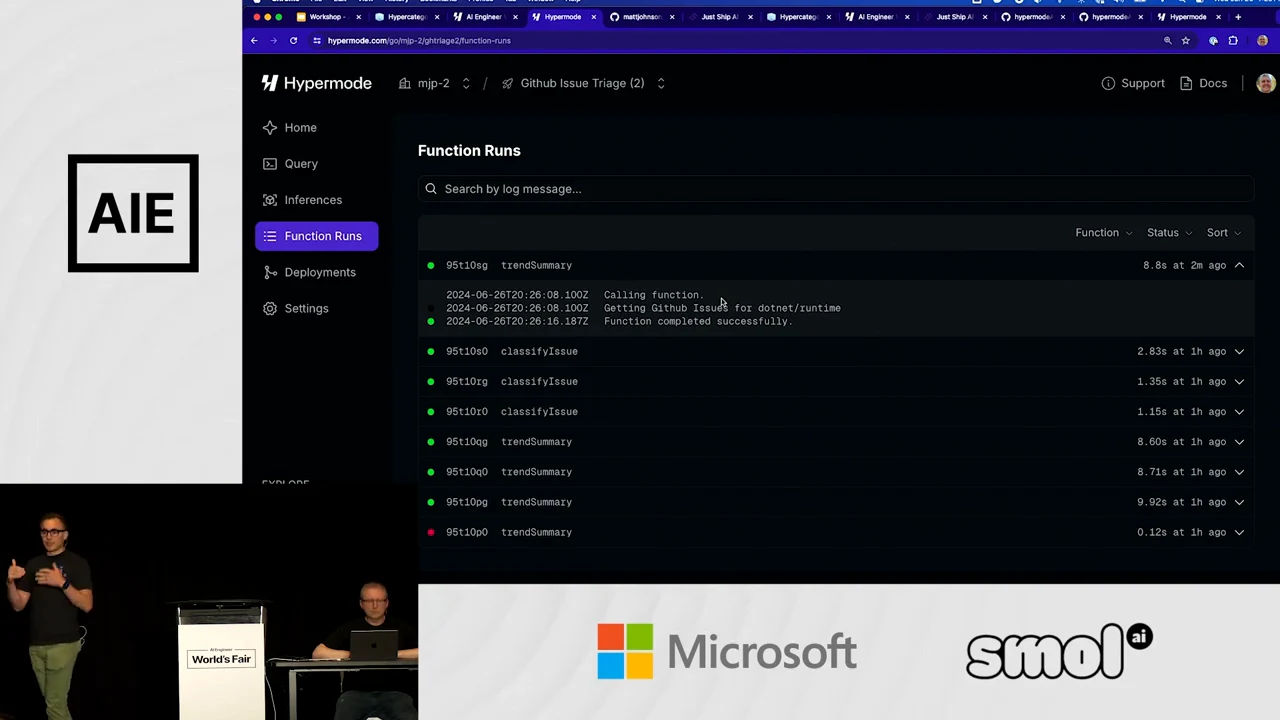 Hypermode Function Runs page with status indicators, durations, and an expanded trendSummary run showing log messages.