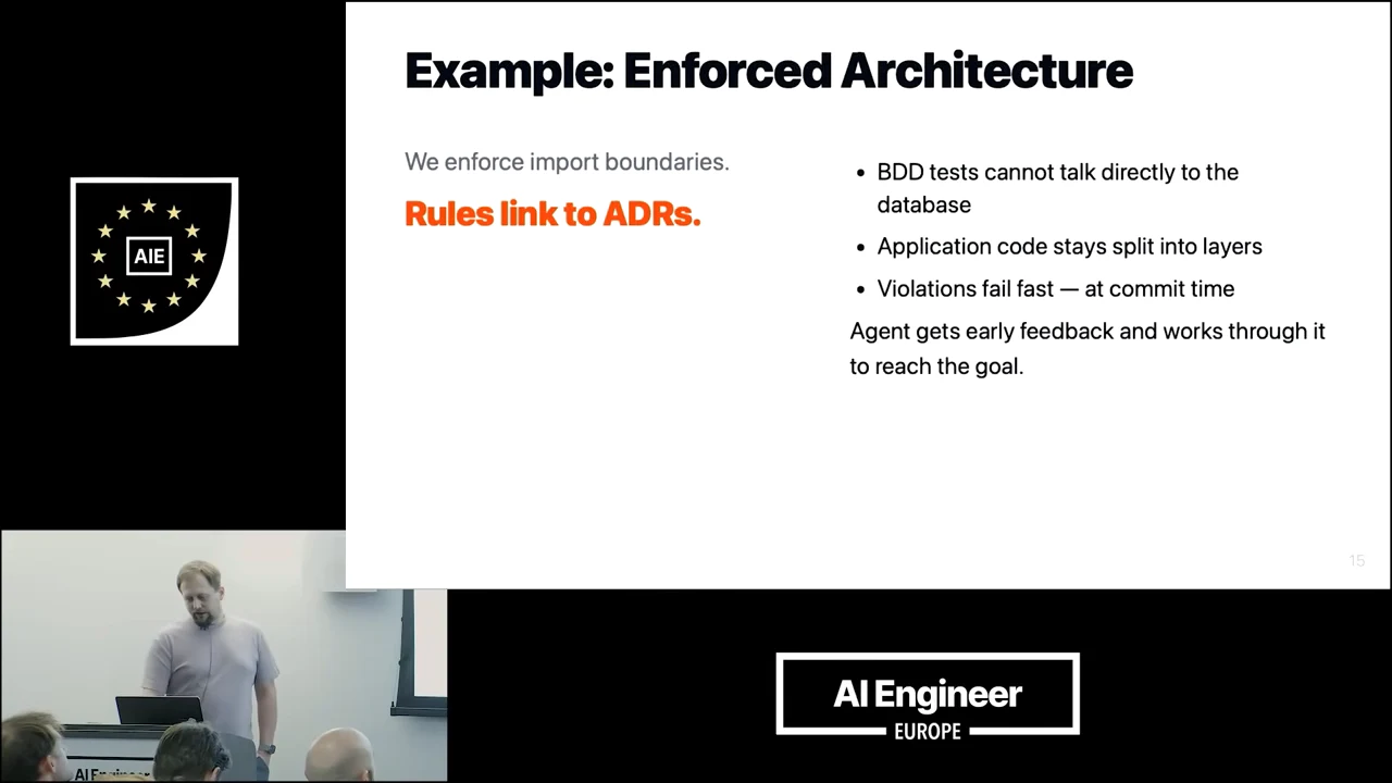 Example: Enforced Architecture slide lists import boundaries, BDD tests barred from direct database access, application layers, commit-time failures and early agent feedback.