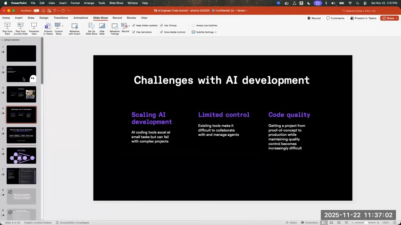 Slide titled “Challenges with AI development” with three columns labeled “Scaling AI development,” “Limited control,” and “Code quality.”