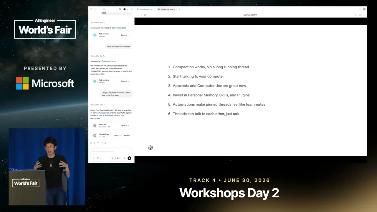 Numbered list covering compaction, talking to your computer, Appshots and Computer Use, personal memory and skills, automations, and communication between threads.
