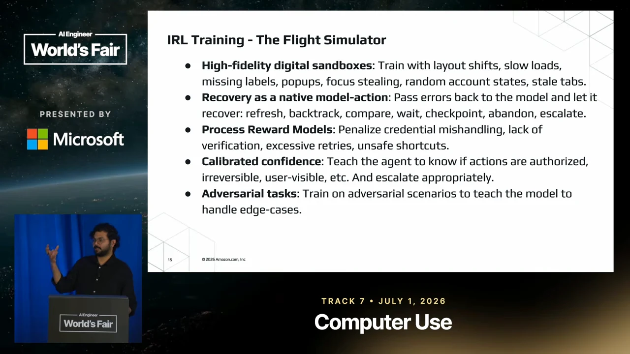 IRL Training – The Flight Simulator slide lists five training practices, including recovery actions, penalties for unsafe behavior, and awareness of whether actions are authorized, irreversible, or user-visible.
