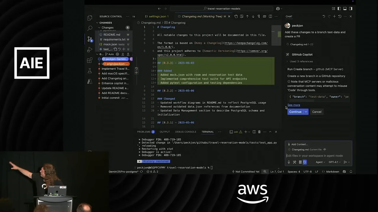 VS Code showing changelog changes and a Copilot create-branch tool approval with Continue and Cancel controls.