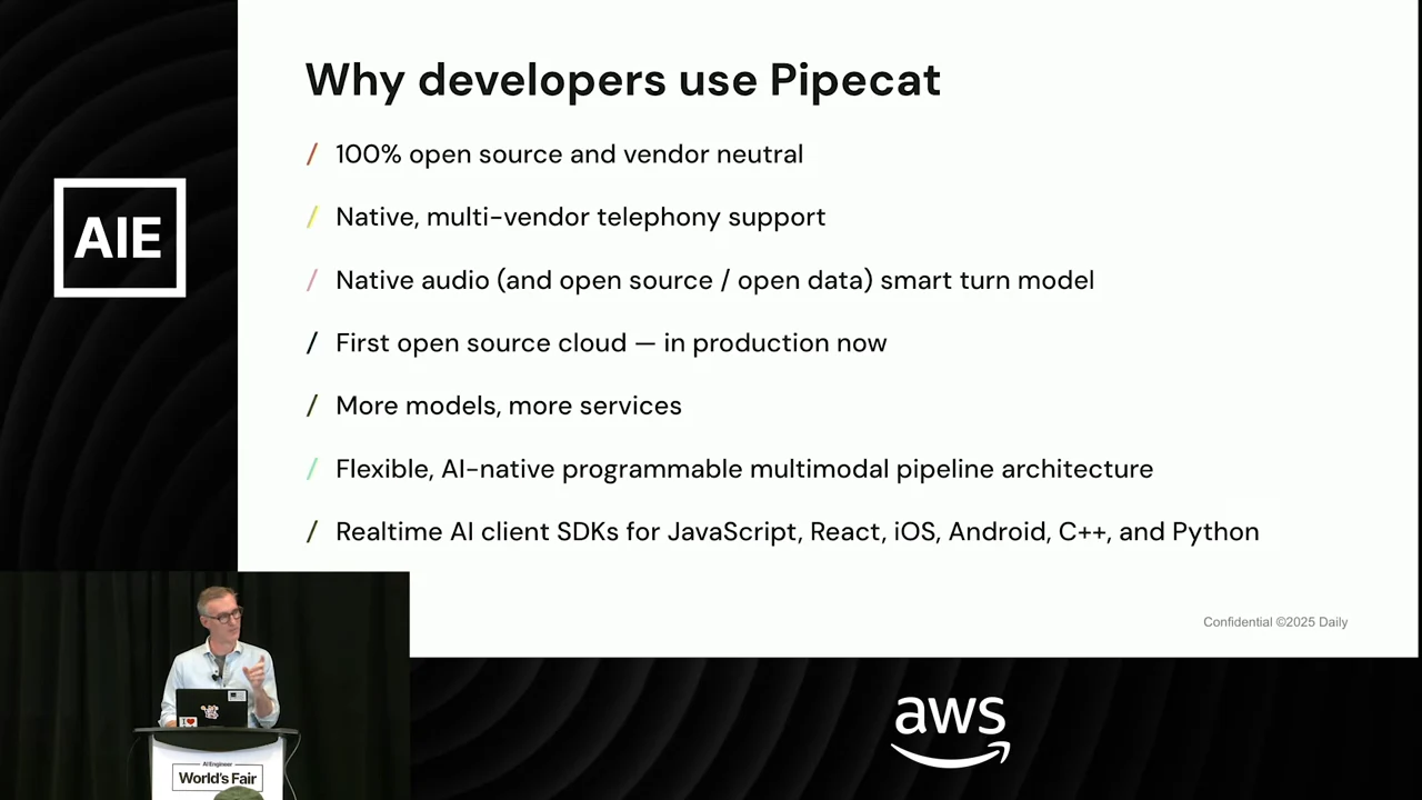 Seven-point slide listing vendor neutrality, telephony support, a smart turn model, open source cloud, models and services, multimodal pipelines, and client SDKs.