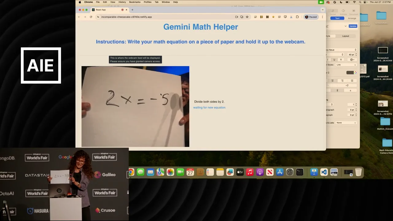 Browser demo showing a handwritten equation held to the webcam and the response “Divide both sides by 2.”