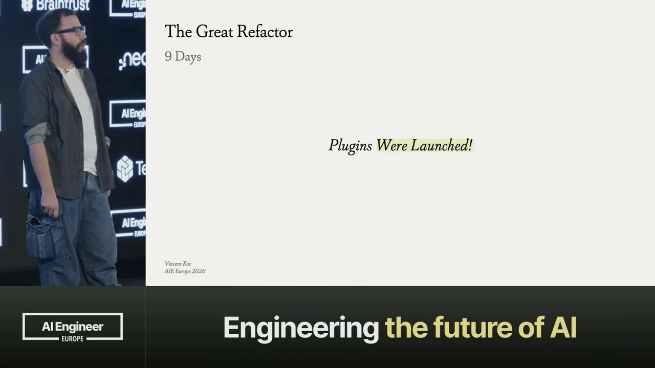 Slide titled “The Great Refactor,” subtitled “9 Days,” with the centered statement “Plugins Were Launched!”