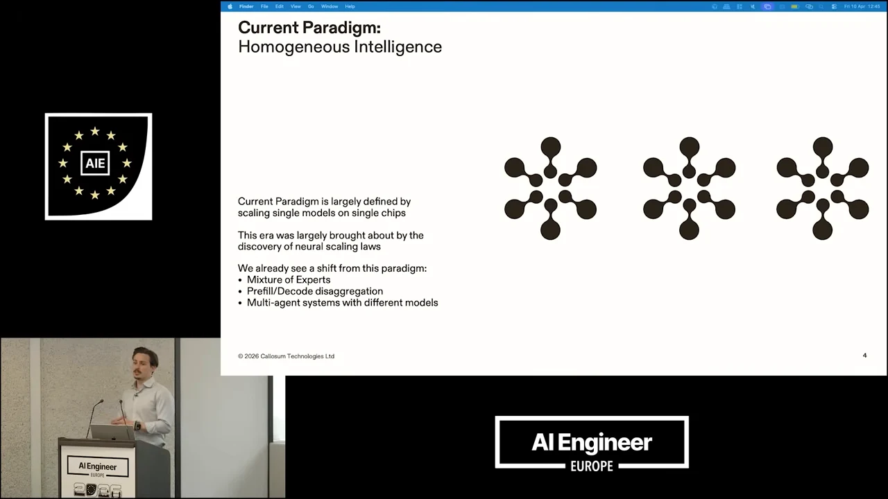 Slide showing three identical network symbols and text listing mixture of experts, prefill/decode disaggregation, and multi-agent systems with different models.