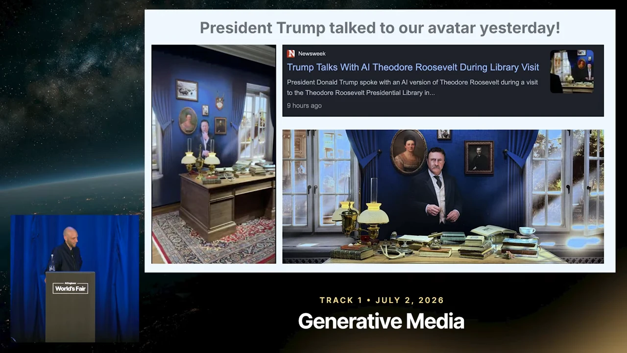 Slide with vertical footage of an office installation, a Newsweek headline about Trump talking with AI Theodore Roosevelt, and a large image of the Roosevelt avatar behind a desk.
