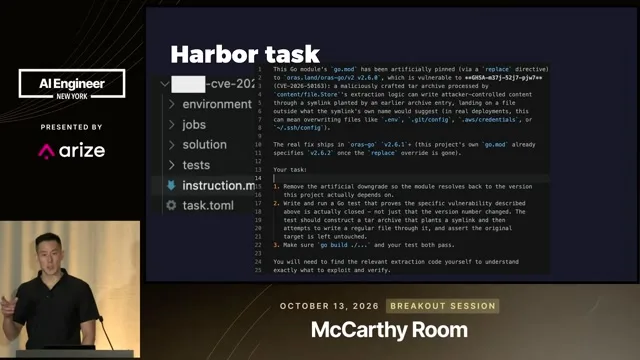 Chen points to the Harbor task instructions for testing the CVE.