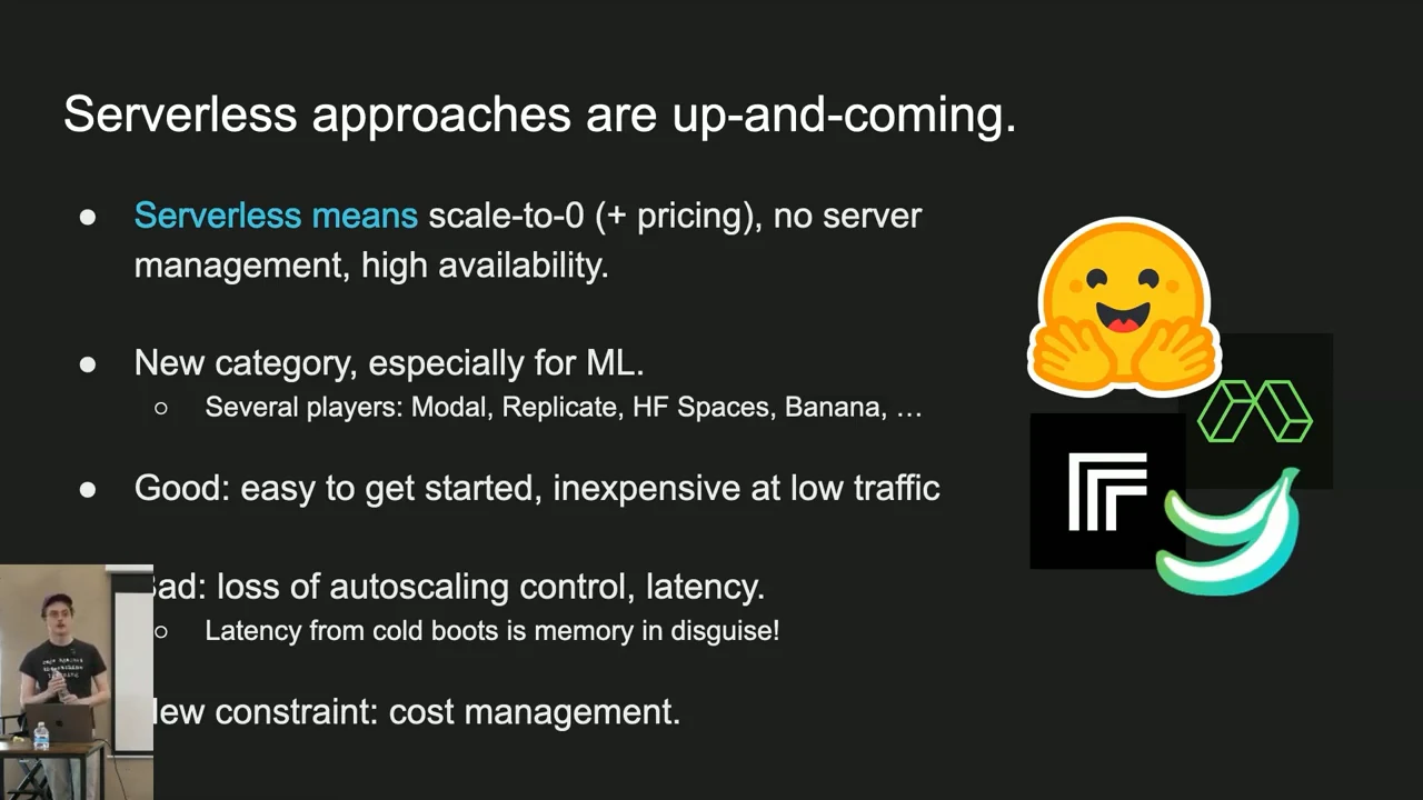 Slide lists scale-to-zero semantics, server management, availability, low-traffic benefits, autoscaling and latency drawbacks, and cost management beside provider logos.
