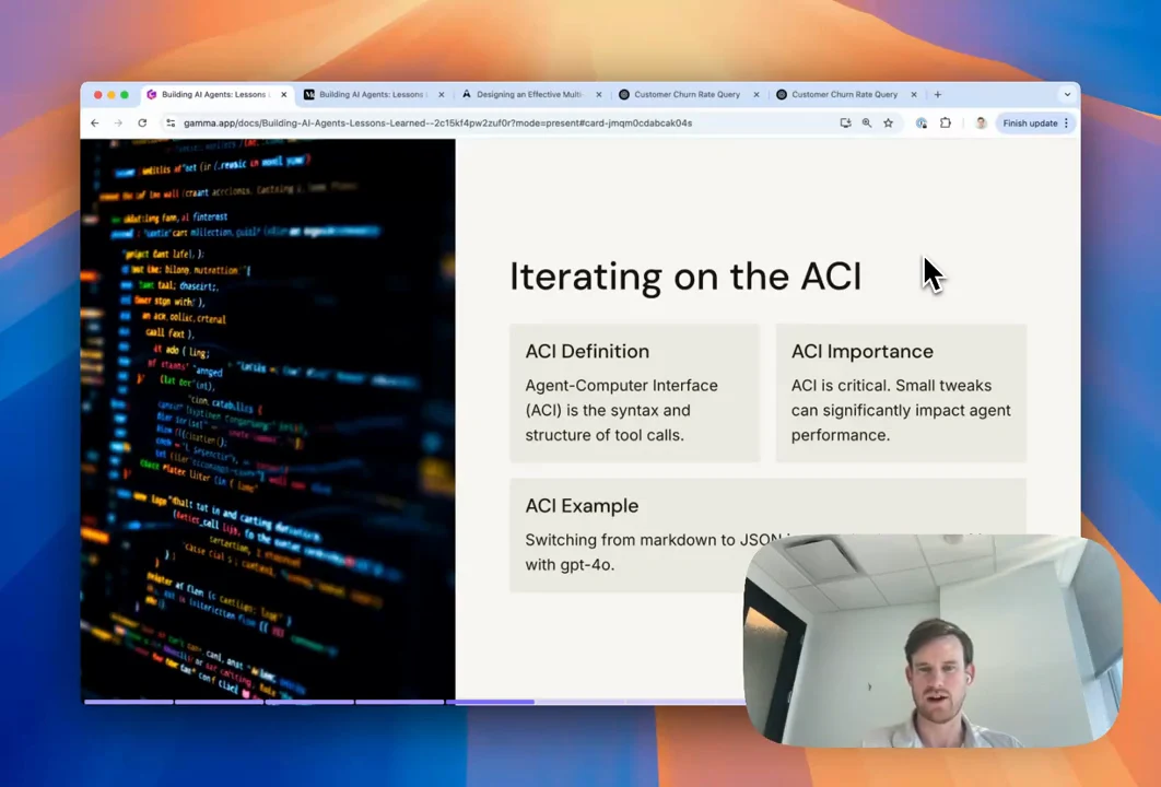 “Iterating on the ACI” slide with definition, importance, and example boxes beside a code photograph; presenter inset partly covers the example.