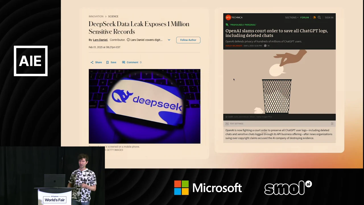 Two article screenshots side by side: “DeepSeek Data Leak Exposes 1 Million Sensitive Records” and “OpenAI slams court order to save all ChatGPT logs, including deleted chats.”