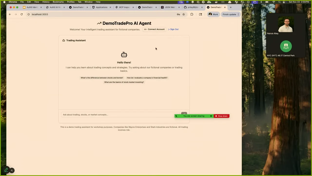 DemoTradePro AI Agent welcome screen with Connect Account and Sign Out controls above an empty trading assistant chat.