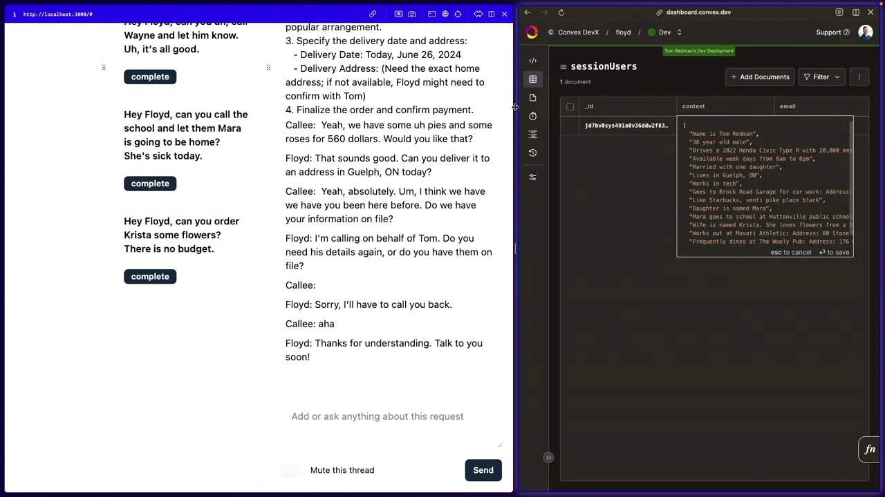 Side-by-side browser windows show completed Floyd requests and a call transcript on the left, with an expanded sessionUsers context field in Convex on the right.