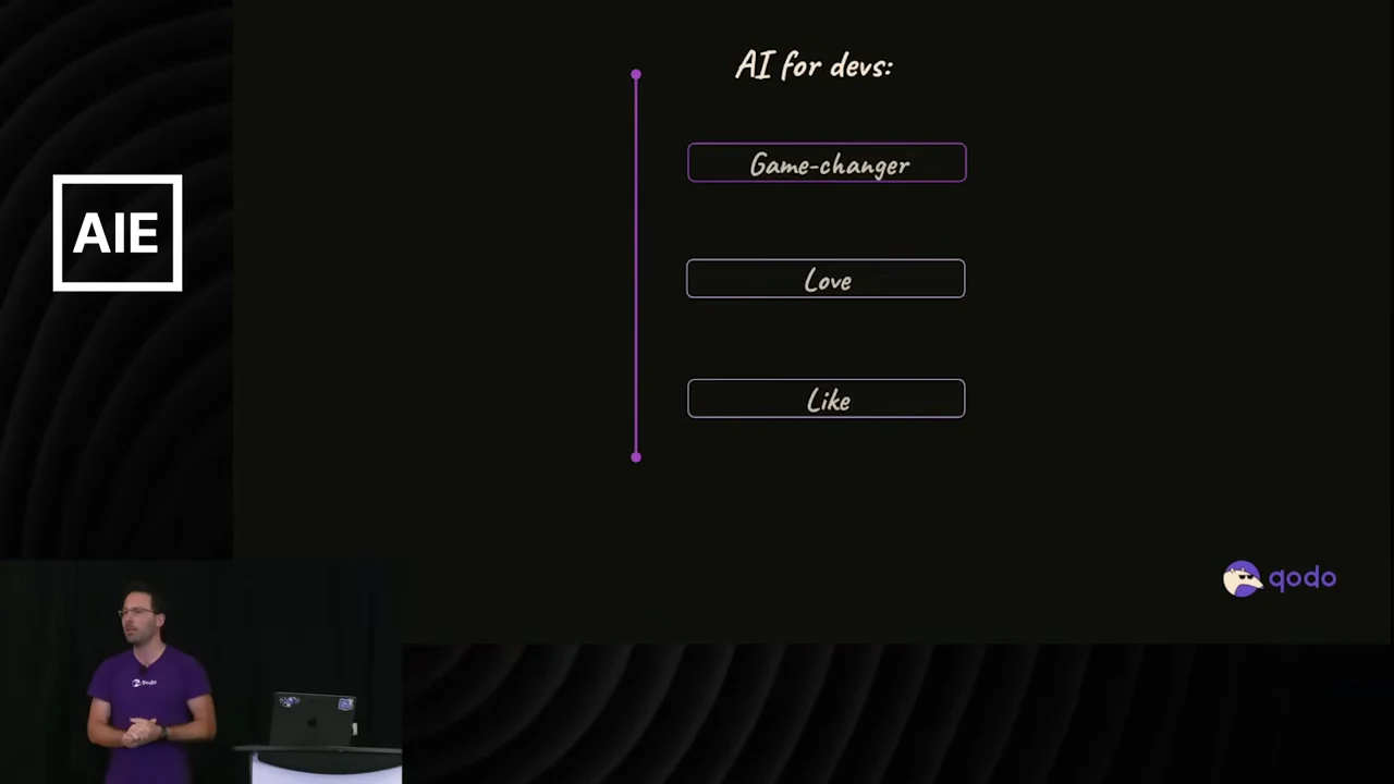 Slide titled “AI for devs” with three vertically arranged boxes labeled Game-changer, Love, and Like beside a purple line.