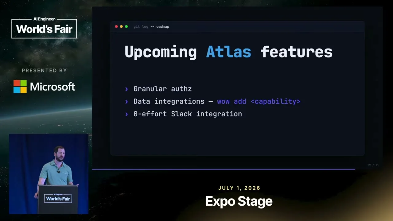 A slide lists granular authorization, data integrations, and Slack integration as upcoming features.