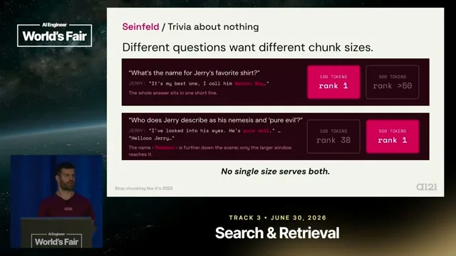 Selected presentation frame from Stop Chunking Like It's 2022 — Yuval Belfer, AI21 Labs at 450 seconds