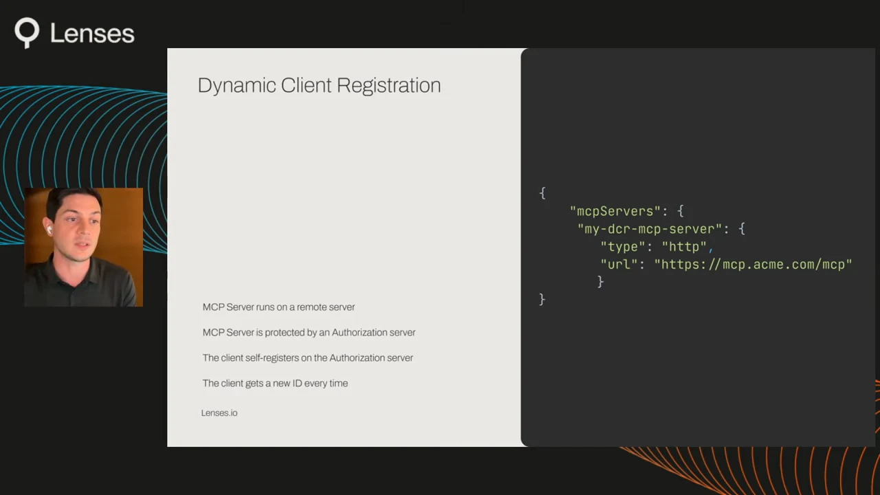 Dynamic Client Registration slide lists remote hosting, authorization-server protection, client self-registration, and a new ID each time, alongside a short HTTP server configuration.