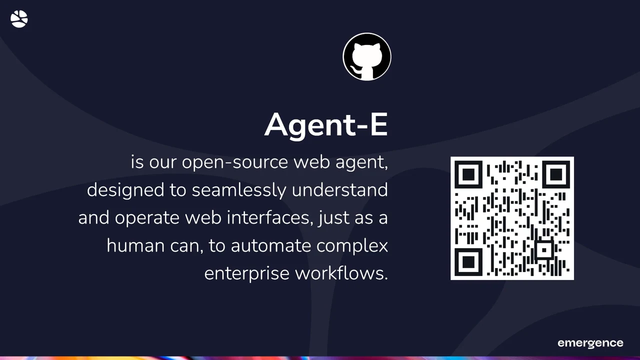 Agent-E slide describing understanding and operating web interfaces like a human, with a GitHub logo and QR code.
