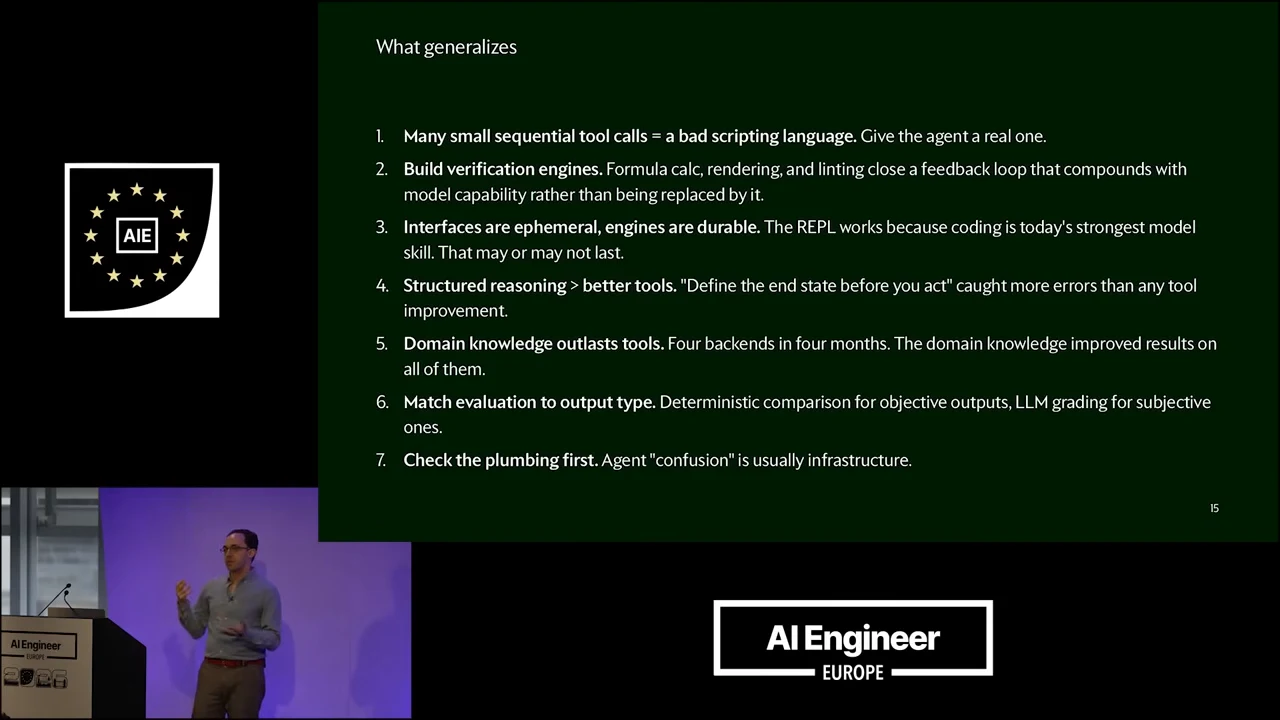 “What generalizes” slide presents seven numbered lessons, beginning with replacing many sequential tool calls with a real scripting language.