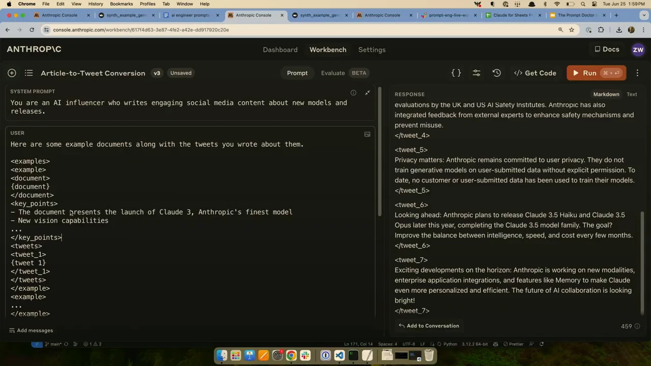 Article-to-Tweet Conversion prompt with document, key_points, and tweets blocks on the left and an existing tweet response on the right.