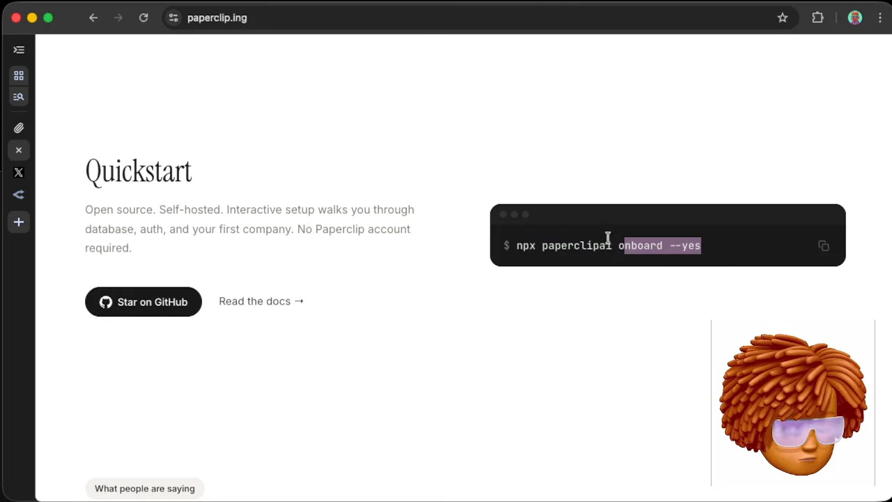 Quickstart section with the command npx paperclipai onboard --yes, a Start on GitHub button, and a documentation link.