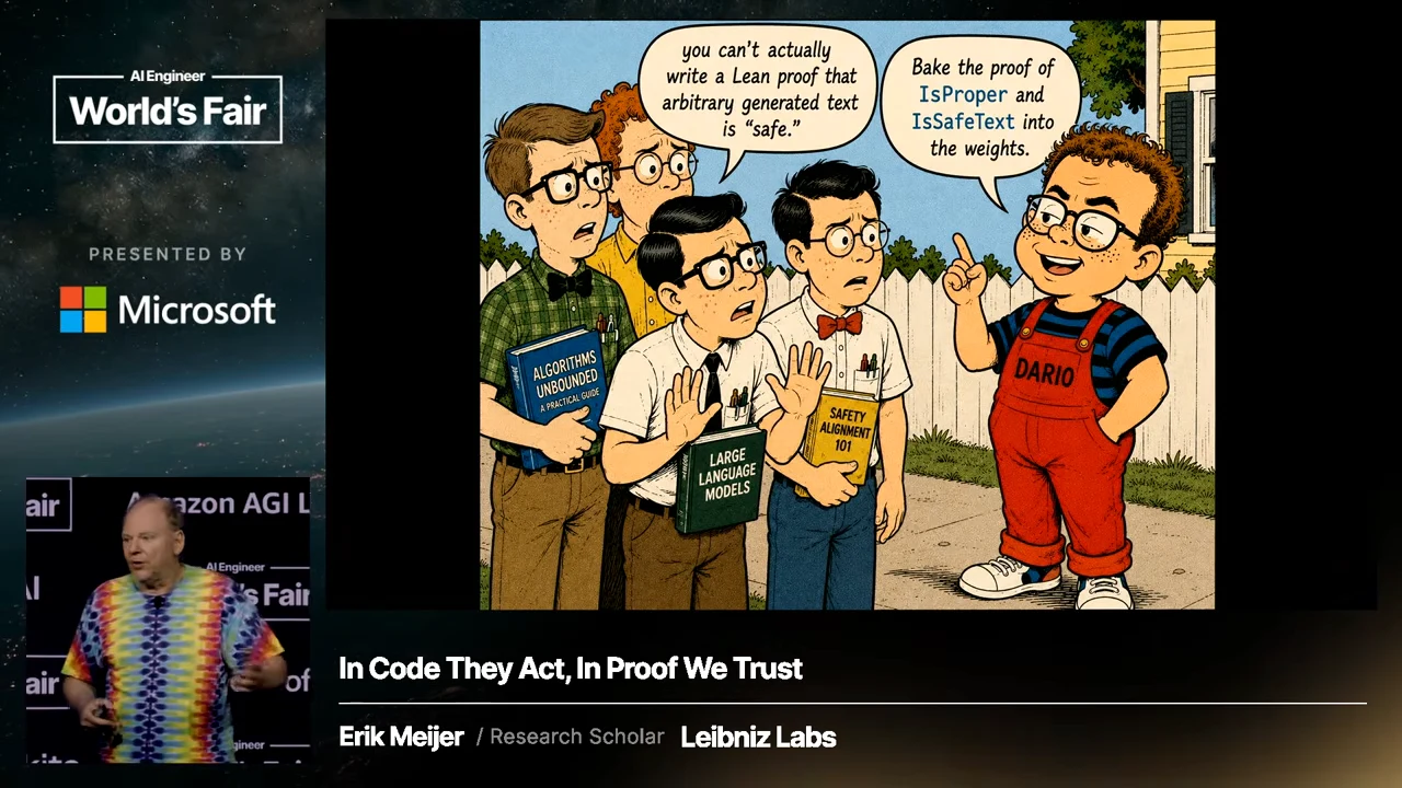 Cartoon characters say arbitrary generated text cannot be proved safe in Lean; a boy labeled Dario proposes baking IsProper and IsSafeText proofs into the weights.