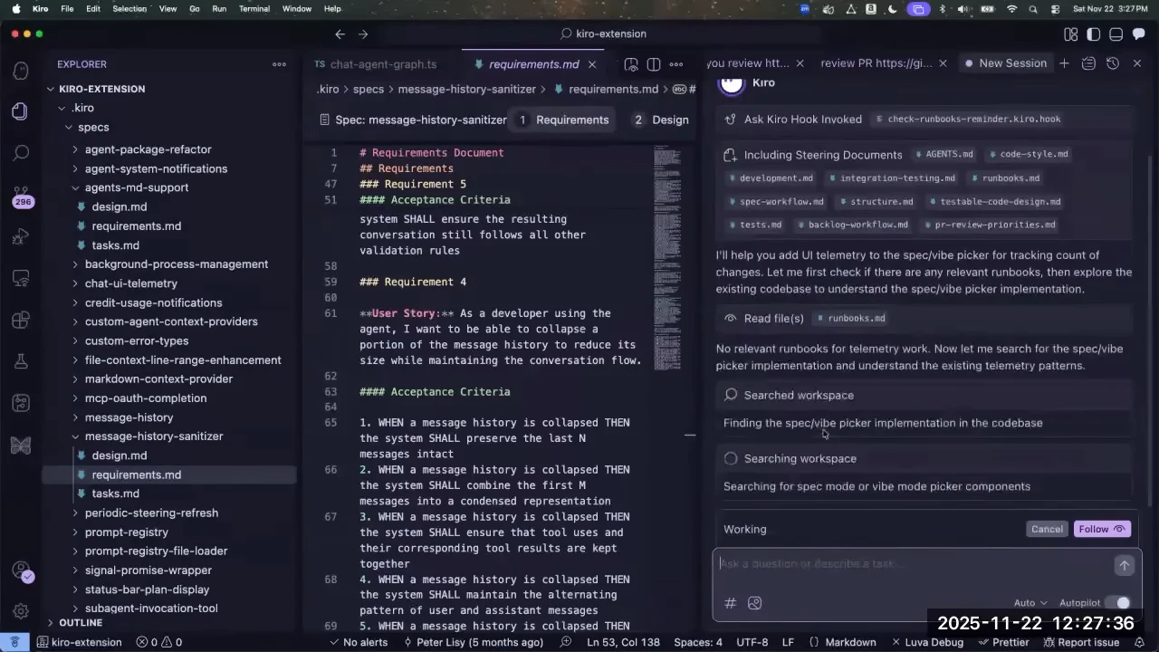 Kiro’s chat shows steering documents, a runbooks read, and workspace searches beside an open requirements document.