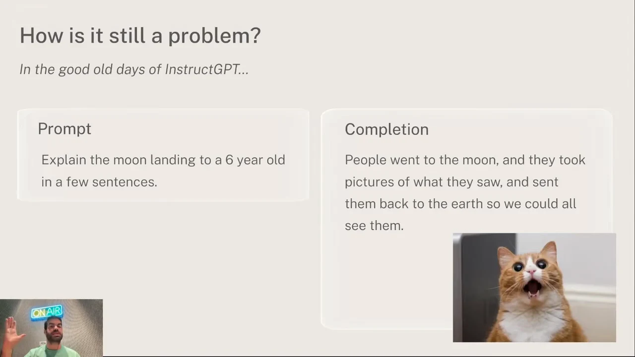 Slide titled “How is it still a problem?” with a short moon-landing prompt, its completion, and a surprised cat image.