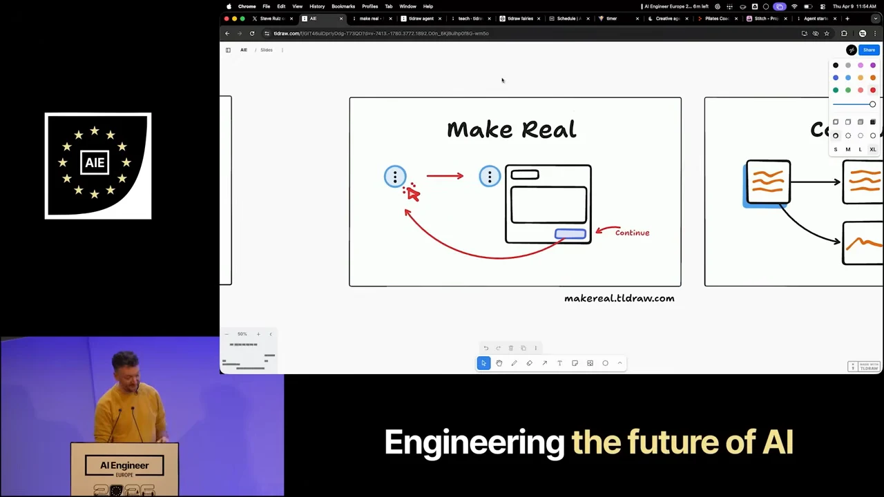 A canvas panel titled Make Real shows a browser sketch, arrows, blue exclamation symbols, and a red Continue annotation.