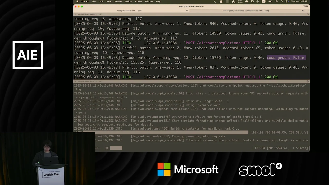 Two terminal panes show server batch logs above evaluation progress, with “cuda graph: False” highlighted in a decode entry.
