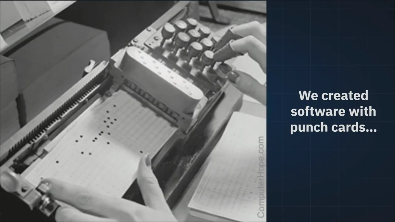 Black-and-white photograph of a punch-card machine beside the text “We created software with punch cards...”