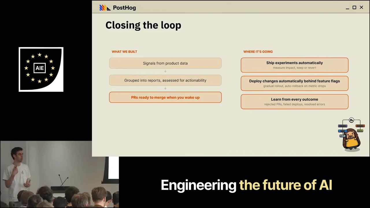 Two columns labeled “What we built” and “Where it’s going” contrast product signals, grouped reports and ready-to-merge PRs with automatic experiments, deployment behind feature flags with rollback, and learning from outcomes.