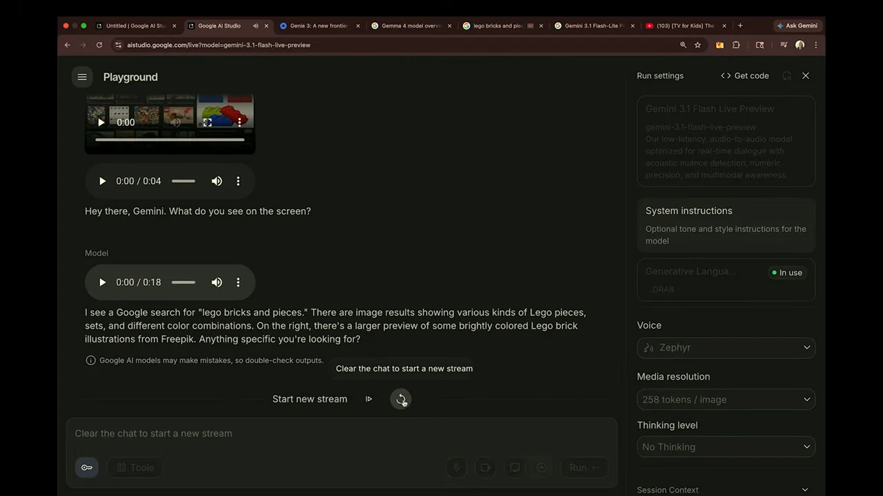 AI Studio conversation showing the question “What do you see on the screen?” and a response describing Lego image results, with audio playback controls.