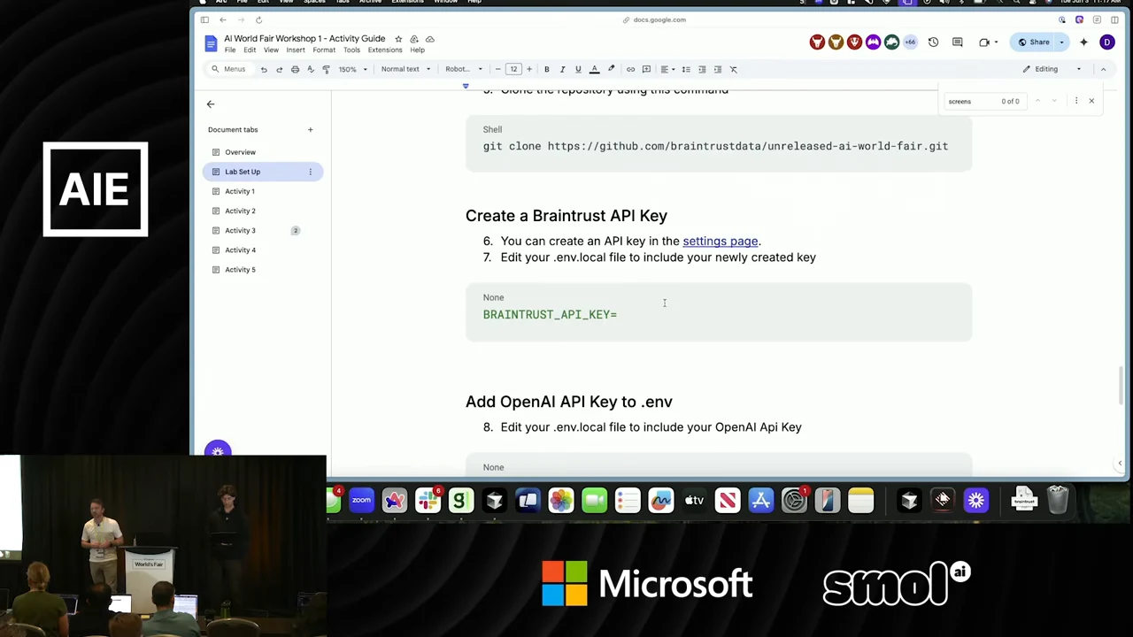 Activity guide showing repository cloning, a Create a Braintrust API Key section with an empty placeholder, and an OpenAI API key setup heading.