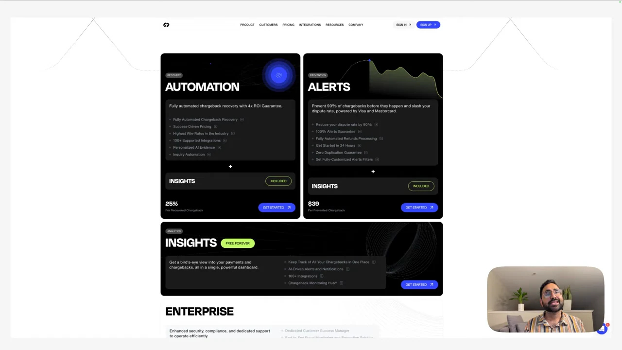 Chargeflow pricing page showing Automation and Alerts cards above Insights and an Enterprise heading.