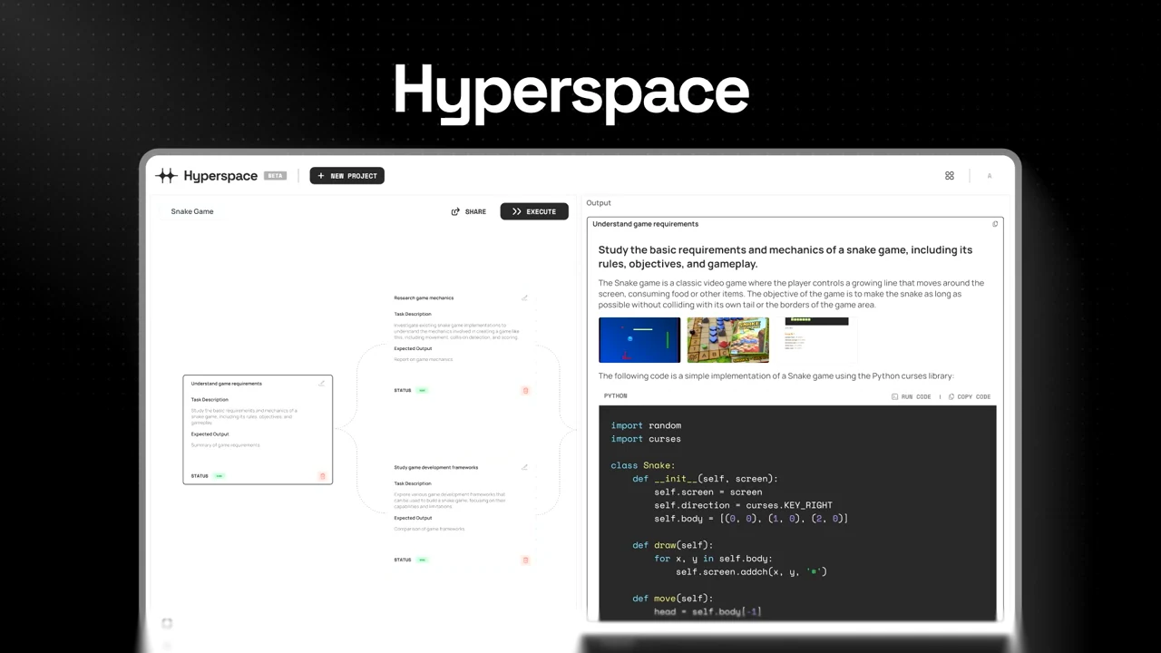 Slide titled Hyperspace showing connected task cards on the left and a snake-game explanation with Python code on the right.