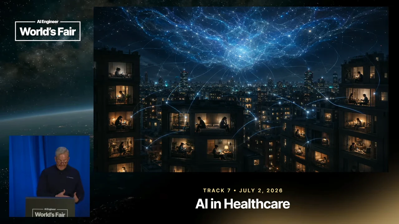 Illustrated apartment buildings at night beneath a dense web of blue connections, with people visible through windows and the speaker inset at lower left.