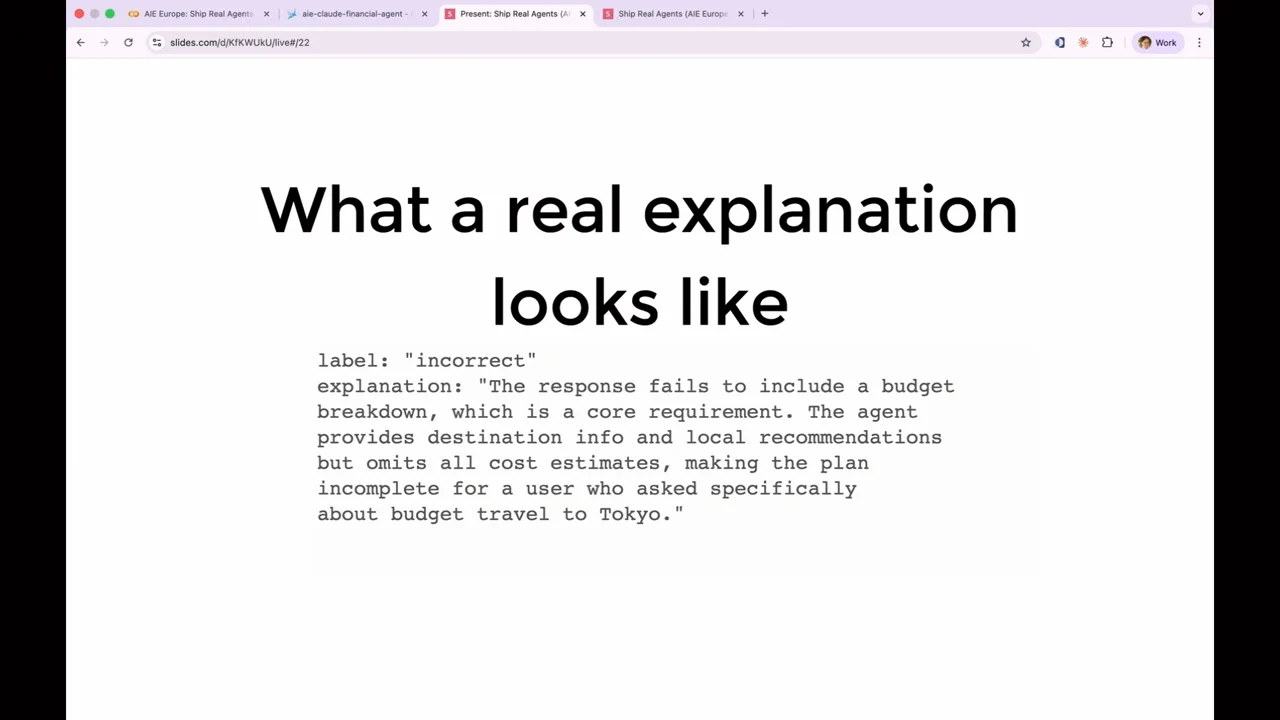 Slide showing an “incorrect” label and an explanation that Tokyo travel recommendations omit a budget breakdown and cost estimates.