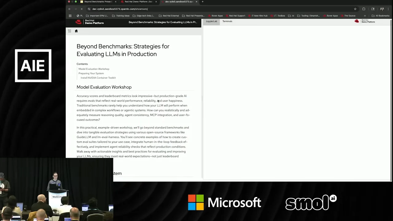 Browser showing the Beyond Benchmarks workshop introduction on the left and a blank workspace pane with tabs on the right.