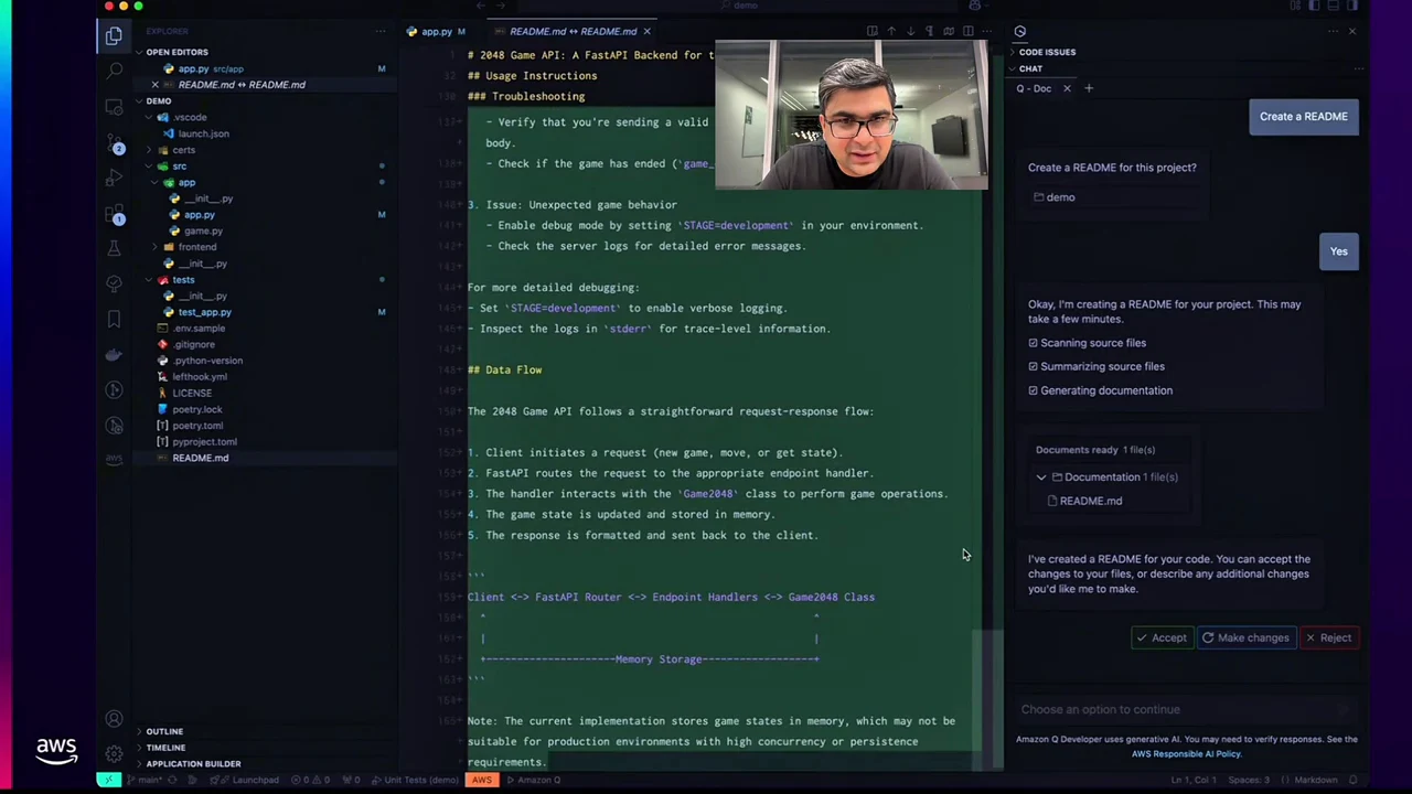 VS Code displaying a green README diff with Troubleshooting and Data Flow sections, alongside Amazon Q's documentation result and review controls.
