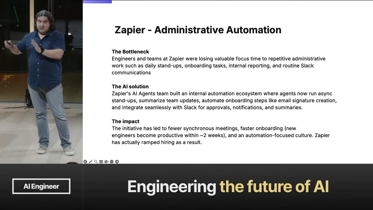 Zapier slide organized into The Bottleneck, The AI solution, and The impact, describing administrative agents, faster onboarding, and increased hiring.
