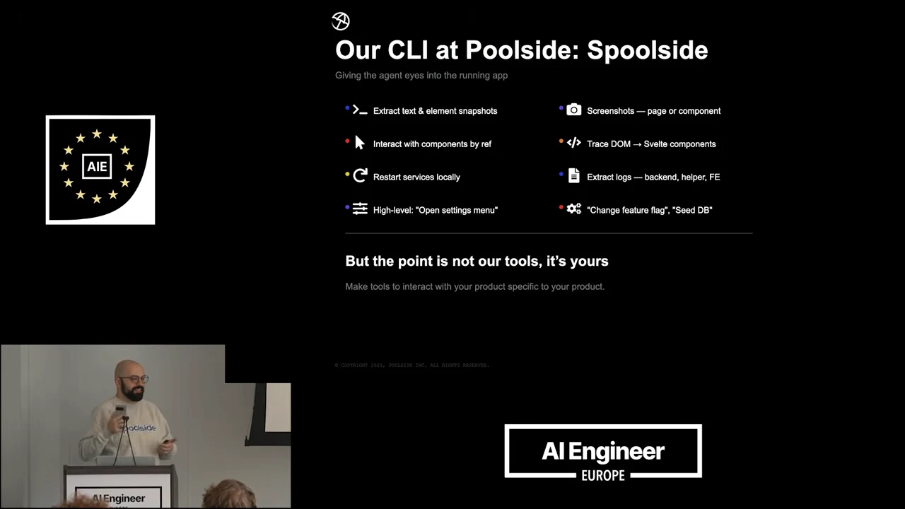 Slide titled “Our CLI at Poolside: Spoolside” lists snapshots, screenshots, component interaction, DOM tracing, service restarts, logs, and high-level commands.