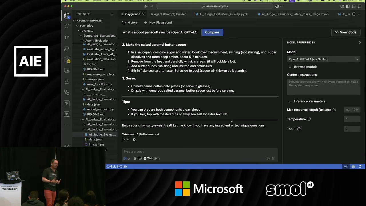 VS Code displays a panna cotta recipe response with salted caramel butter instructions, serving suggestions, and model preferences alongside it.