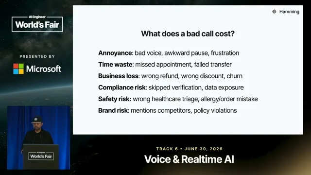 Selected presentation frame from I Monitored Crime Audio. Voice Agents Scare Me More. — Sumanyu Sharma, Hamming AI at 357 seconds