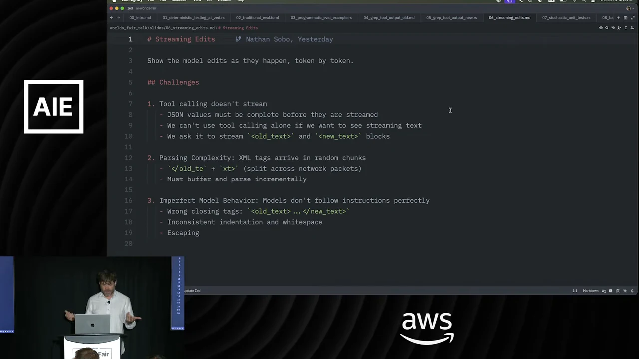 Streaming Edits notes listing tool-calling limitations, XML chunks split across packets, and imperfect model behavior.