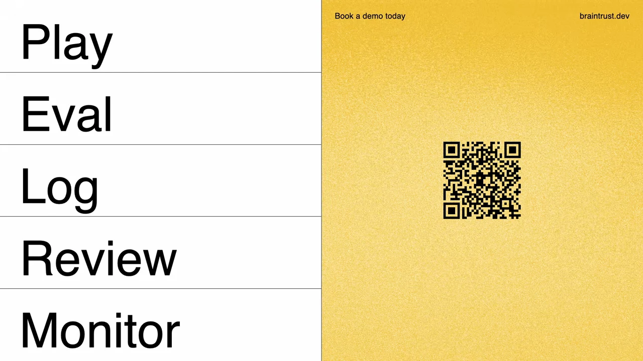 Closing slide lists Play, Eval, Log, Review, and Monitor beside a yellow panel containing a QR code, “Book a demo today,” and braintrust.dev.