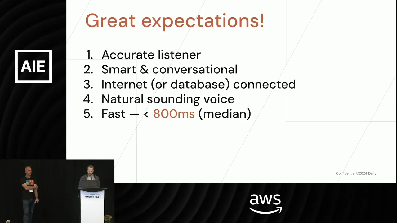 The “Great expectations!” slide lists accurate listening, smart conversation, internet or database connectivity, a natural sounding voice, and speed below 800 ms median.